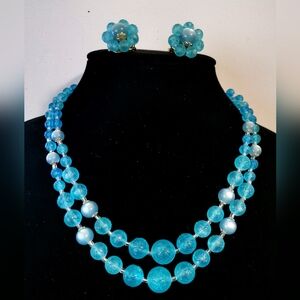 1960s Blue Bead Necklace Set | 60s Turquoise Blue Necklace & Clip Earring Set